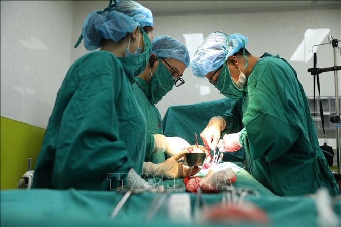 Trong ảnh: Bác sĩ Trần Anh Đức phẫu thuật cho sản phụ 37 tuổi, phải mổ vì thai 33 tuần 4 ngày nhưng thai chậm phát triển, thai suy, hết ối. Ảnh: Minh Quyết - TTXVN