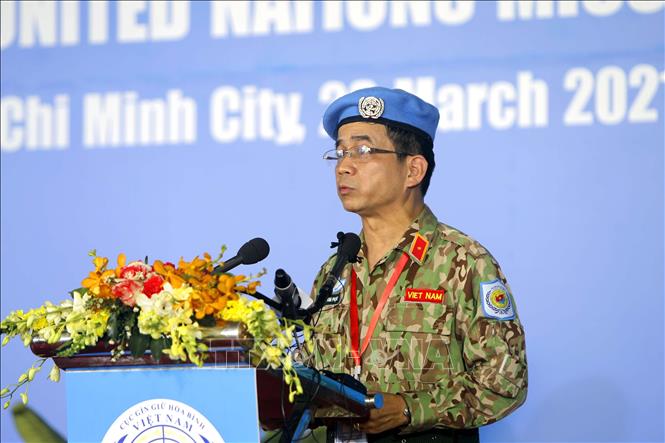 Trong ảnh: Thiếu tướng Hoàng Kim Phụng, Cục trường Cục gìn giữ hòa bình Việt Nam phát biểu tại lễ xuất quân. Ảnh: Thanh Vũ-TTXVN