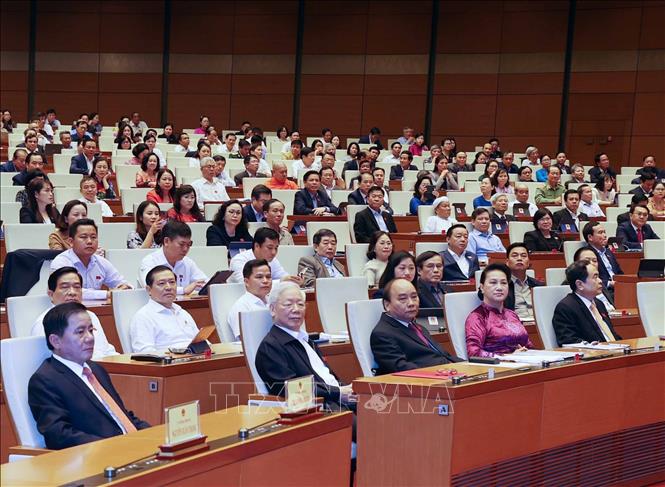 Photo: Party General Secretary and President Nguyen Phu Trong, Prime Minister Nguyen Xuan Phuc and former NA Chairmwoman Nguyen Thi Kim Ngan attend the swearing-in ceremony. VNA Photo