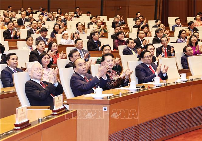 Trong ảnh: Tổng Bí thư Nguyễn Phú Trọng và các đồng chí lãnh đạo Đảng, Nhà nước dự lễ bế mạc. Ảnh: Trọng Đức - TTXVN