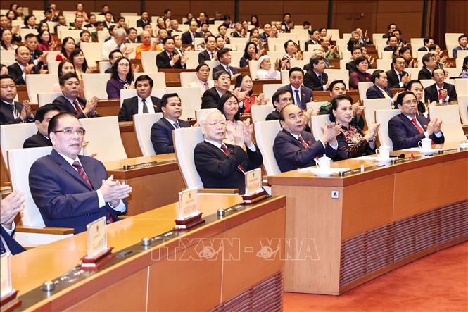Trong ảnh: Tổng Bí thư Nguyễn Phú Trọng và các đồng chí lãnh đạo Đảng, Nhà nước dự lễ bế mạc. Ảnh: Trọng Đức - TTXVN