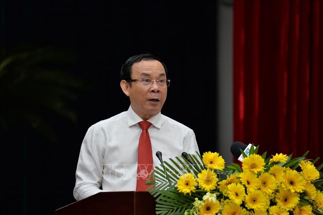 Trong ảnh: Đồng chí Nguyễn Văn Nên, Uỷ viên Bộ Chính trị, Bí thư Thành ủy TP Hồ Chí Minh phát biểu tại hội nghị. Ảnh: Anh Tuấn - TTXVN 