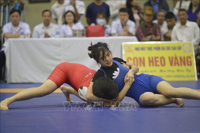 Trong ảnh: Trận đấu căng thẳng, quyết liệt giữa Phạm Thị Trà My (xanh) - huyện Vĩnh Bảo và Nguyễn Thị Hồng Nhung - huyện Tiên Lãng nội dung vật tự do hạng 48 kg nữ. Ảnh: TTXVN