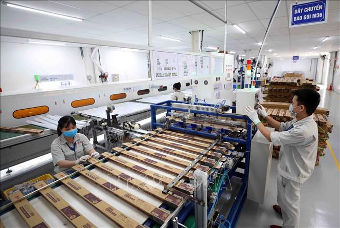 Trong ảnh: Hoàn thiện, bao gói các sản phẩm bóng đèn. Ảnh: Thanh Tùng – TTXVN