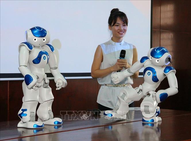 Hai robot hình người có tên NAO đến từ Nhật Bản đã được Trường Đại học Lạc Hồng (Đồng Nai) mua để phục vụ công tác giảng dạy và nghiên cứu. Ảnh: Sỹ Tuyên - TTXVN
