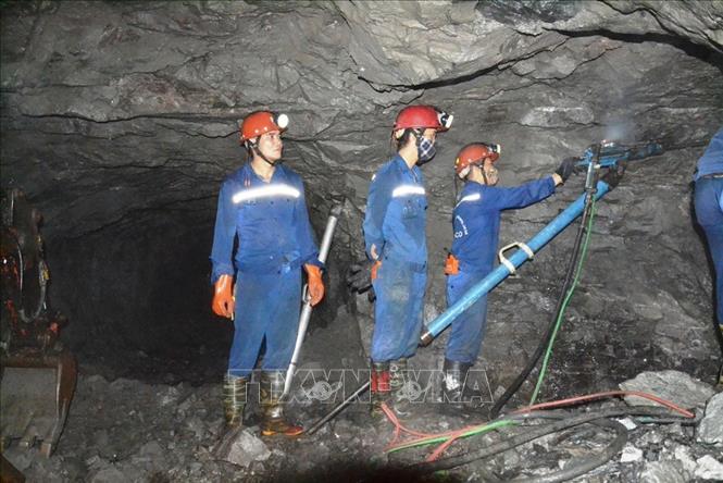Trong ảnh: Thợ mỏ Chi nhánh Mỏ đồng Sin quyền trong ca làm việc. Ảnh: Hồng Ninh-TTXVN