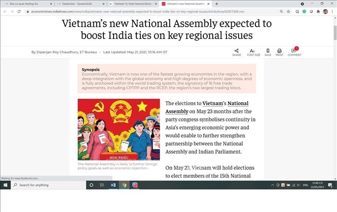 Bầu cử Quốc hội Việt Nam được đánh giá cao ở Ấn Độ: Bầu cử Quốc hội Việt Nam đã được đánh giá rất cao tại Ấn Độ khi cuộc bình chọn diễn ra một cách suôn sẻ và an toàn. Đây là bước ngoặt quan trọng cho Việt Nam khi đất nước được chú trọng vào đường lối phát triển bền vững, cải cách chính sách kinh tế và thúc đẩy quan hệ quốc tế.
