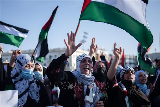 Trong ảnh: Người dân tại Tripoli, Libya, tham gia tuần hành ủng hộ thỏa thuận ngừng bắn giữa Israel và phong trào Hồi giáo Hamas của Palestine, ngày 21/5/2021. Ảnh: THX/ TTXVN