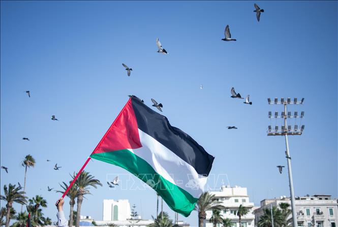 Trong ảnh: Người dân tại Tripoli, Libya, tham gia tuần hành ủng hộ thỏa thuận ngừng bắn giữa Israel và phong trào Hồi giáo Hamas của Palestine, ngày 21/5/2021. Ảnh: THX/ TTXVN