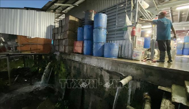 Hệ thống xử lý nước thải chợ đầu mối thủy hải sản Long Xuyên theo thiết kế có công suất 200m3/ngày đêm, nhưng không được vận hành, mà được xả trực tiếp ra sông Hậu (ảnh chụp ngày 20/4). Ảnh: Công Mạo-TTXVN