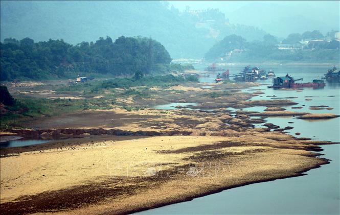 Trong ảnh: Sông Lô đoạn chảy qua địa bàn thành phố Tuyên Quang cạn trơ đáy. Ảnh: Quang Đán – TTXVN