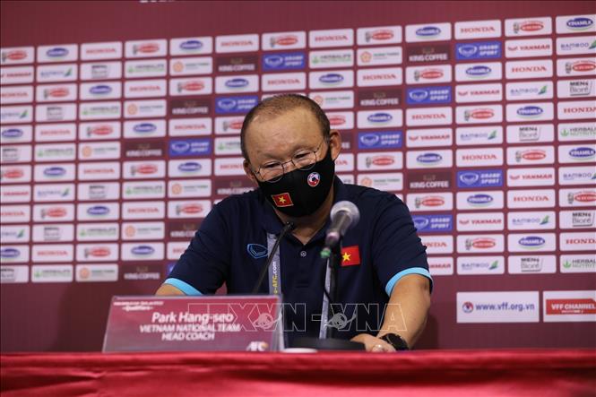 Photo: Vietnamese coach Park Hang-seo at the press conference after the match.  VNA Photo: Hoàng Linh