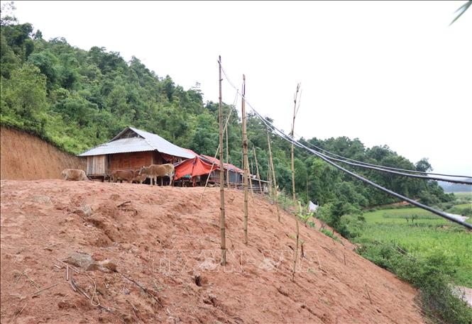 Trong ảnh: Cụm nhà dân tại xã Pá Khoang (thành phố Điện Biên Phủ) đối diện với ngu nguy cơ sạt lở đất rất cao khi cất dựng trên nền đất vừa san ủi có kết cấu địa tầng yếu. Ảnh: Xuân Tiến - TTXVN 

