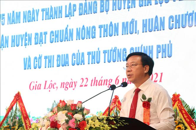 Trong ảnh: Ủy viên Trung ương Đảng, Bí thư Tỉnh ủy Hải Dương Phạm Xuân Thăng phát biểu tại buổi lễ. Ảnh: Mạnh Tú - TTXVN