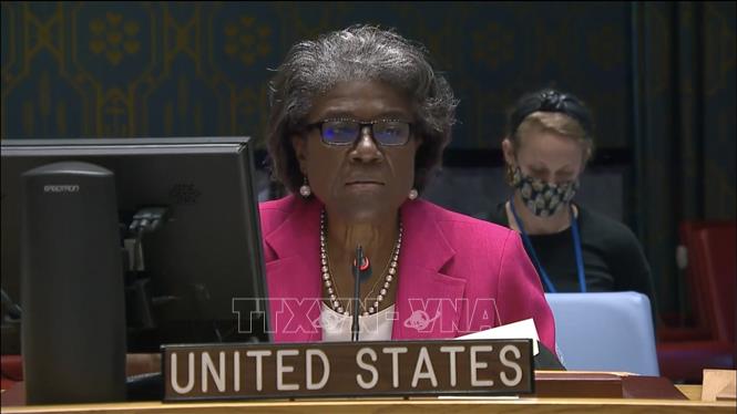 Đại sứ Mỹ tại Liên hợp quốc Linda Thomas-Greenfield phát biểu tại phiên họp. Ảnh: Hữu Thanh - P/v TTXVN tại New York