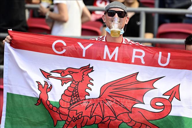 Trong ảnh: Cổ động viên Xứ Wales cổ vũ cho đội nhà trong trận đấu gặp Đan Mạch tại vòng 16 đội, Vòng chung kết EURO 2020 trên sân vận động Johan Cruyff Arena ở thủ đô Amsterdam, Hà Lan ngày 26/6/2021. Ảnh: AFP/TTXVN