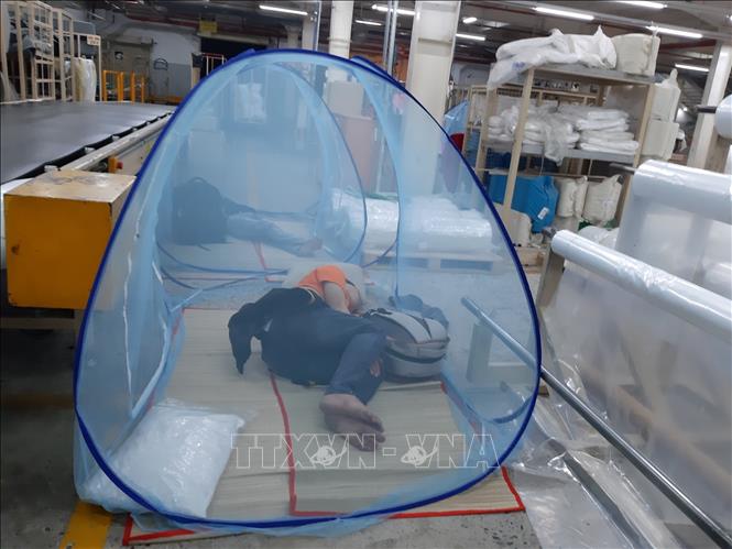 Trong ảnh: Công nhân của Công ty TNHH Gỗ Kỹ nghệ WANEK 2 (phường Hòa Phú, thành phố Thủ Dầu Một, tỉnh Bình Dương) đang nằm nghỉ trong khu vực phong toả của Công ty. Ảnh: TTXVN phát