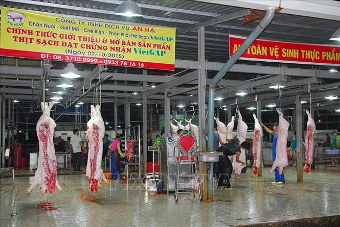 Dây chuyền giết mổ lợn được nuôi theo quy trình VietGap tại lò giết mổ của Công ty TNHH An Hạ, TP Hồ Chí Minh. Ảnh: Mạnh Linh-TTXVN