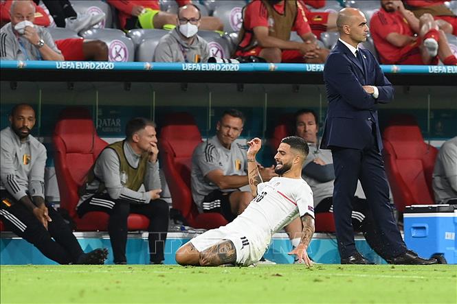 Trong ảnh: Pha ăn mừng bàn thắng nâng tỷ số lên 2-0 của tiền đạo Italy Lorenzo Insigne trong trận tứ kết EURO 2020 gặp tuyển Bỉ ở Munich, Đức ngày 2/7/2021. Ảnh: AFP/TTXVN