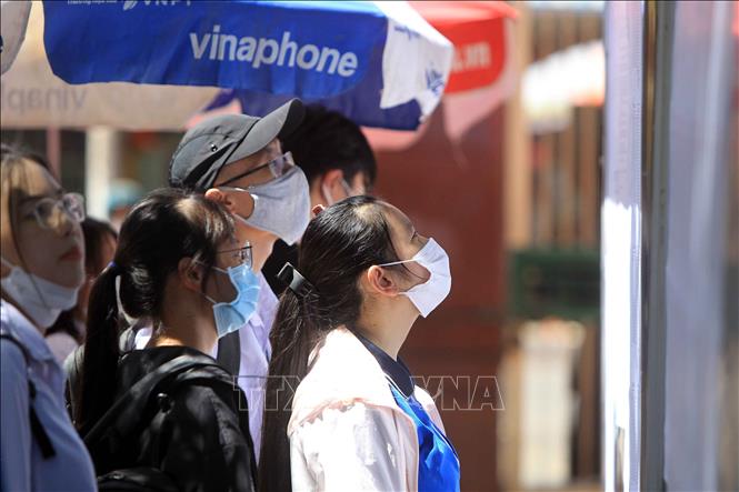 Trong ảnh: Các thí sinh kiểm tra thông tin cá nhân trước khi vào phòng thi tại các điểm tổ chức thi. Ảnh: An Đăng - TTXVN