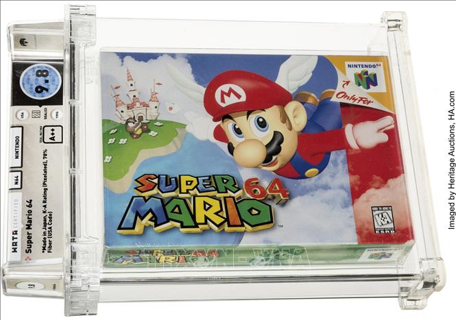 Trong ảnh: Băng video game Super Mario 64 của hãng Nintendo được bán đấu giá thành công với mức giá kỷ lục 1.560.000 USD. Ảnh: AFP/TTXVN