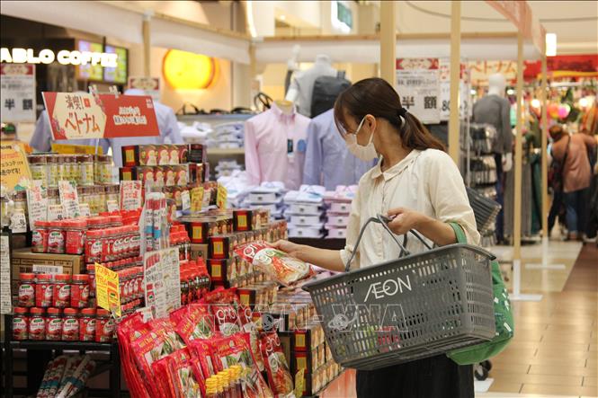 Photo: Japanese consumers are interested in Vietnamse goods at AEON's supermarket chain in Japan. VNA Photo