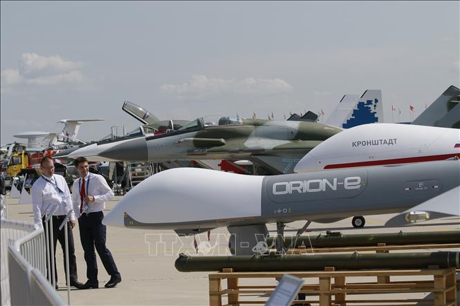 Trong ảnh: Máy bay không người lái tấn công Orion tại triển lãm Hàng không và vũ trụ quốc tế Moskva 2021. Ảnh: Trần Hiếu - PV TTXVN tại Nga