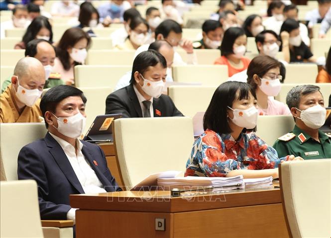 Trong ảnh: Đoàn đại biểu Quốc hội tỉnh Hải Dương tham dự phiên họp sáng 22/7. Ảnh: Dương Giang-TTXVN