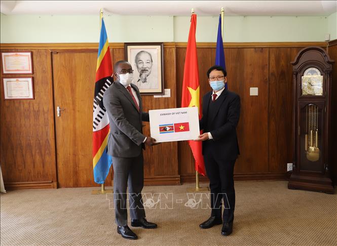 Photo: Vietnamese Ambassador to South Africa Hoang Van Loi (R) hands over the token of the gift to Chargé d'Affaires of Eswatini in South Africa Vulindlela S. Kunene (L). VNA Photo: Hồng Minh