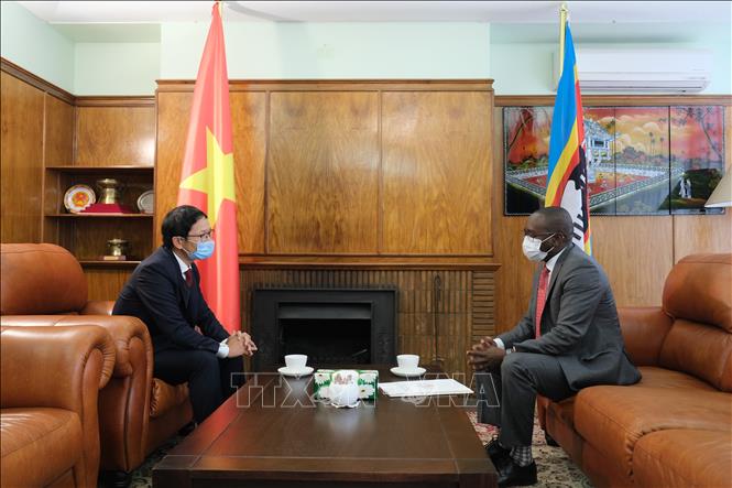 Photo: Vietnamese Ambassador to South Africa Hoang Van Loi (L) and Chargé d'Affaires of Eswatini in South Africa Vulindlela S. Kunene (R) exchange information of COVID-19 pandemic in the two countries. VNA Photo: Hồng Minh