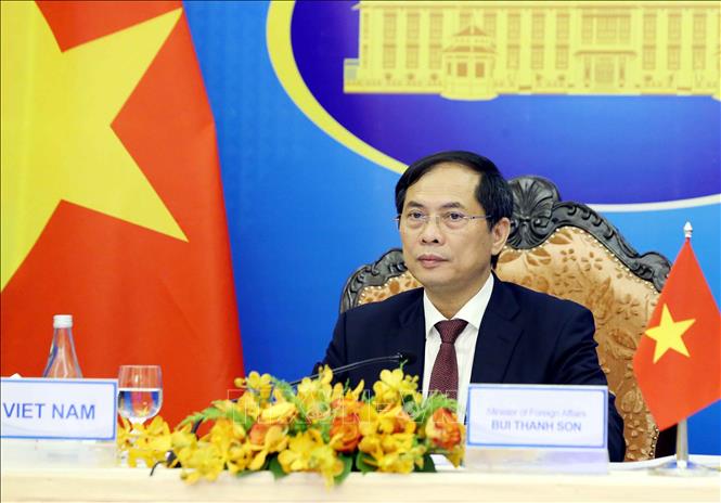 Trong ảnh: Bộ trưởng Bộ Ngoại giao Bùi Thanh Sơn tham dự Hội nghị Quan hệ đối tác Mekong - Hoa Kỳ (MUSP) lần thứ hai theo hình thức trực tuyến. Ảnh: Phạm Kiên - TTXVN