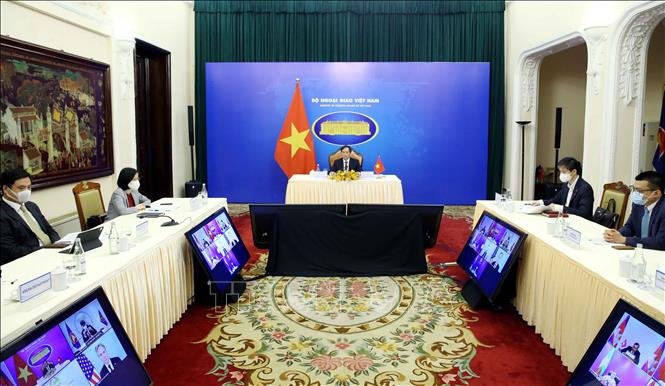 Trong ảnh: Bộ trưởng Bộ Ngoại giao Bùi Thanh Sơn tham dự Hội nghị Quan hệ đối tác Mekong - Hoa Kỳ (MUSP) lần thứ hai theo hình thức trực tuyến. Ảnh: Phạm Kiên - TTXVN
