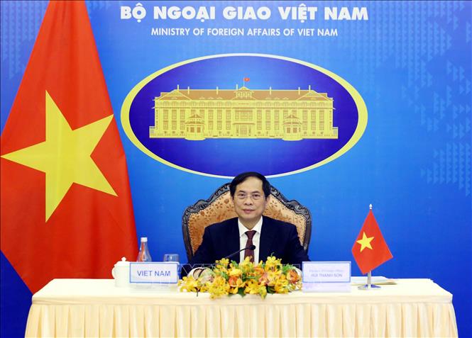 Trong ảnh: Bộ trưởng Bộ Ngoại giao Bùi Thanh Sơn tham dự Hội nghị Quan hệ đối tác Mekong - Hoa Kỳ (MUSP) lần thứ hai theo hình thức trực tuyến. Ảnh: Phạm Kiên - TTXVN