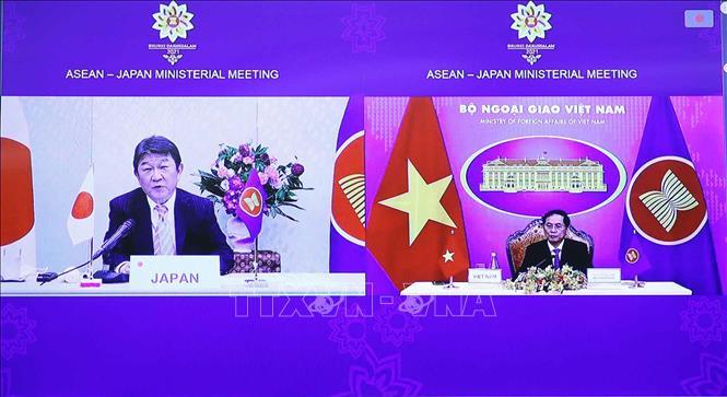 Trong ảnh: Bộ trưởng Ngoại giao Nhật Bản Motegi Toshimitsu phát biểu tại Hội nghị Bộ trưởng Ngoại giao ASEAN – Nhật Bản theo hình thức trực tuyến. Ảnh: Phạm Kiên – TTXVN

