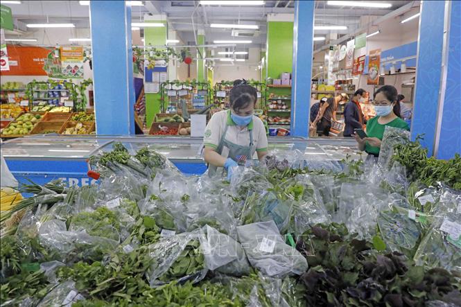 Mặt hàng rau xanh tại hệ thống siêu thị của BRG Retail được cung cấp 2 lần/ngày nên luôn đảm bảo tươi ngon. Ảnh: Trần Việt - TTXVN