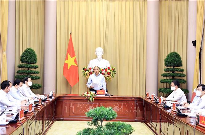 Trong ảnh: Chủ tịch nước Nguyễn Xuân Phúc phát biểu tại buổi gặp mặt. Ảnh: Thống Nhất - TTXVN
