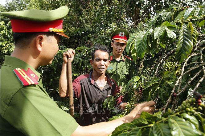 Trong ảnh: Thiếu tá Trương Tuấn Quang, Trưởng Công an xã và Thượng úy Dương Quang Thái, Phó trưởng Công an xã Ia Ka, huyện Chư Păh, tỉnh Gia Lai tiếp xúc với ông Ksor Klit, nông dân xã về tình hình an ninh trật tự trên địa bàn. Ảnh: Doãn Tấn - TTXVN