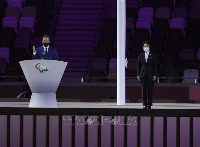 Trong ảnh: Chủ tịch Ủy ban Paralympic quốc tế Andrew Parsons (trái) phát biểu tại Lễ khai mạc Paralympic Tokyo 2020 ở Tokyo, Nhật Bản, ngày 24/8/2021. Ảnh: THX/ TTXVN