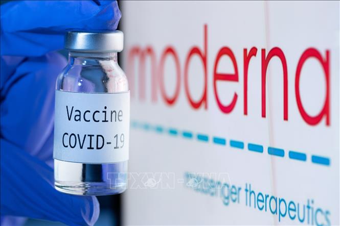 Trong ảnh (tư liệu): Vaccine ngừa COVID-19 bên cạnh biểu tượng của Công ty dược Moderna. Ảnh: AFP/TTXVN