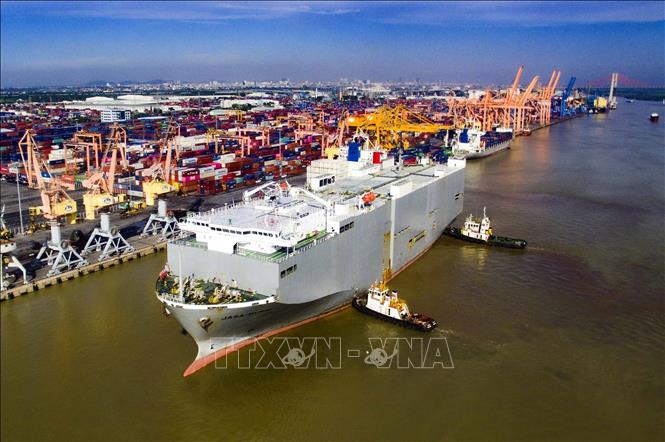 Trong ảnh: Tàu RORO JASA MURNI V.1A của hãng tàu K-LINE cập tại Cảng Tân Vũ (Cảng Hải Phòng). Ảnh: An Đăng - TTXVN