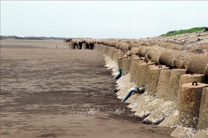 Trong ảnh: Hệ thống mỏ kè chữ T bảo vệ an toàn tuyến đê biển huyện Hải Hậu, tỉnh Nam Định. Ảnh: Nguyễn Lành - TTXVN                                                                                                                                                                                                                                                                                                                                                                                                                                                                                          