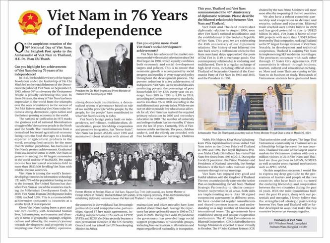 Trong ảnh: Tờ Bangkok Post ngày 2/9 trân trọng đăng bài trả lời phỏng vấn của Đại sứ Việt Nam tại Thái Lan Phan Chí Thành nhân dịp kỷ niệm 76 năm Quốc khánh Việt Nam. Ảnh: TTXVN phát.