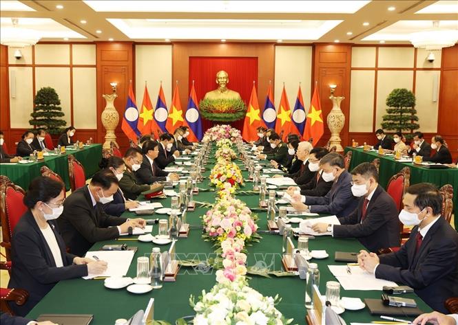 Tổng Bí thư Nguyễn Phú Trọng hội đàm với Tổng Bí thư, Chủ tịch nước Lào Thongloun Sisoulith trong chuyến thăm hữu nghị chính thức Việt Nam (28/6/2021). Ảnh : Trí Dũng  - TTXVN
