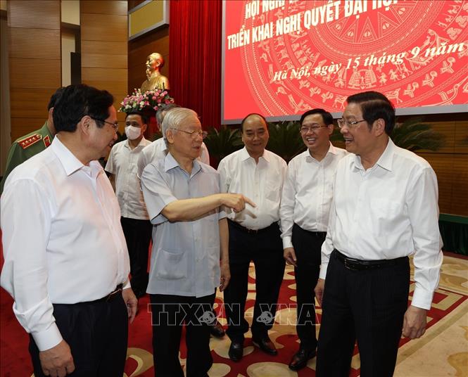 Tổng Bí thư Nguyễn Phú Trọng, các đồng chí lãnh đạo Đảng, Nhà nước và các đại biểu dự hội nghị. Ảnh: Trí Dũng - TTXVN