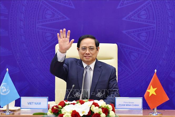 Trong ảnh: Tối 9/8/2021, tại Hà Nội, Thủ tướng Phạm Minh Chính tham dự và phát biểu tại Phiên thảo luận mở Cấp cao của Hội đồng Bảo an Liên hợp quốc về chủ đề 
