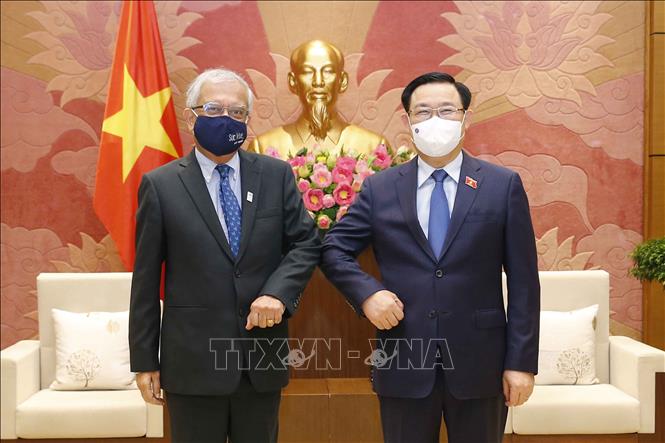 Trong ảnh: Chủ tịch Quốc hội Vương Đình Huệ tiếp Điều phối viên thường trú Liên hợp quốc tại Việt Nam Kamal Malhotra (12/8/2021). Ảnh: Doãn Tấn - TTXVN