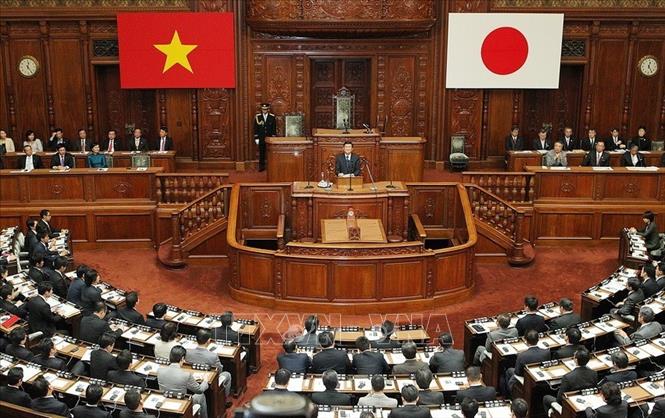 Trong ảnh: Chủ tịch Trương Tấn Sang phát biểu trước Quốc hội Nhật Bản trong chuyến thăm cấp Nhà nước Nhật Bản từ ngày 16 đến 19/3/2014. Ảnh: Nguyễn Khang - TTXVN                                                                