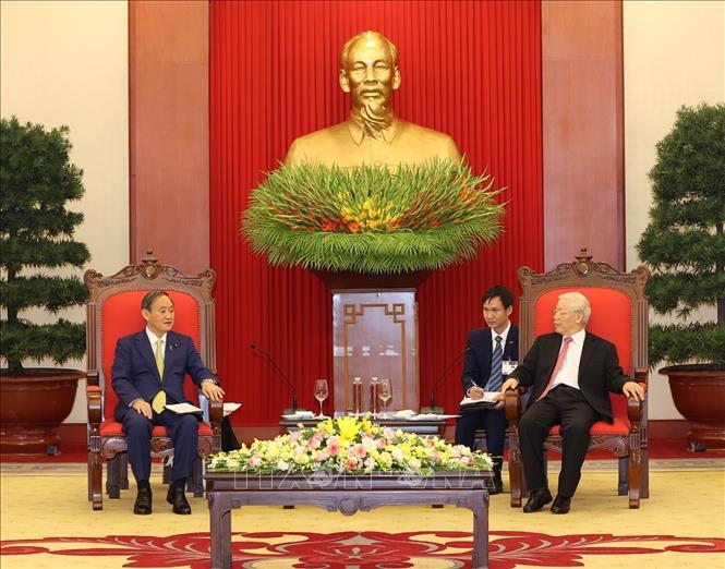 Trong ảnh: Tổng Bí thư, Chủ tịch nước Nguyễn Phú Trọng tiếp Thủ tướng Nhật Bản Suga Yoshihide thăm chính thức Việt Nam (19/10/2020). Ảnh : Trí Dũng  - TTXVN