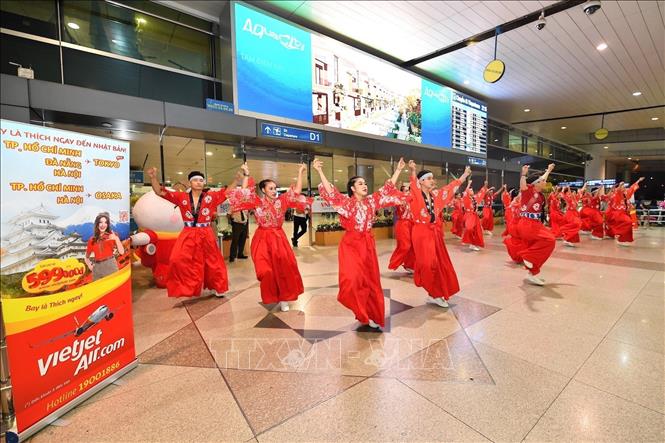 Trong ảnh: Sáng 12/7/2019, tại sân bay quốc tế Narita (Tokyo, Nhật Bản), Hãng hàng không Vietjet tổ chức lễ khai trương đường bay Thành phố Hồ Chí Minh - Tokyo (Nhật Bản). Ảnh: TTXVN phát