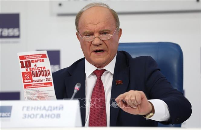 Trong ảnh: Lãnh đạo đảng Cộng sản Nga Gennady Zyuganov trong cuộc họp báo sau khi kết quả bầu cử Duma Quốc gia (Hạ viện) Nga được công bố, tại Moskva ngày 20/9/2021. Ảnh: EPA-EFE/TTXVN